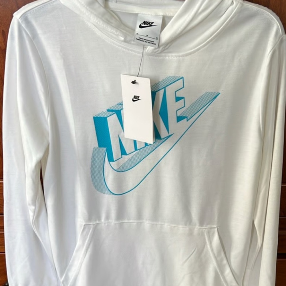 Nike white lightweight Hoodie with Light Blue Graphic